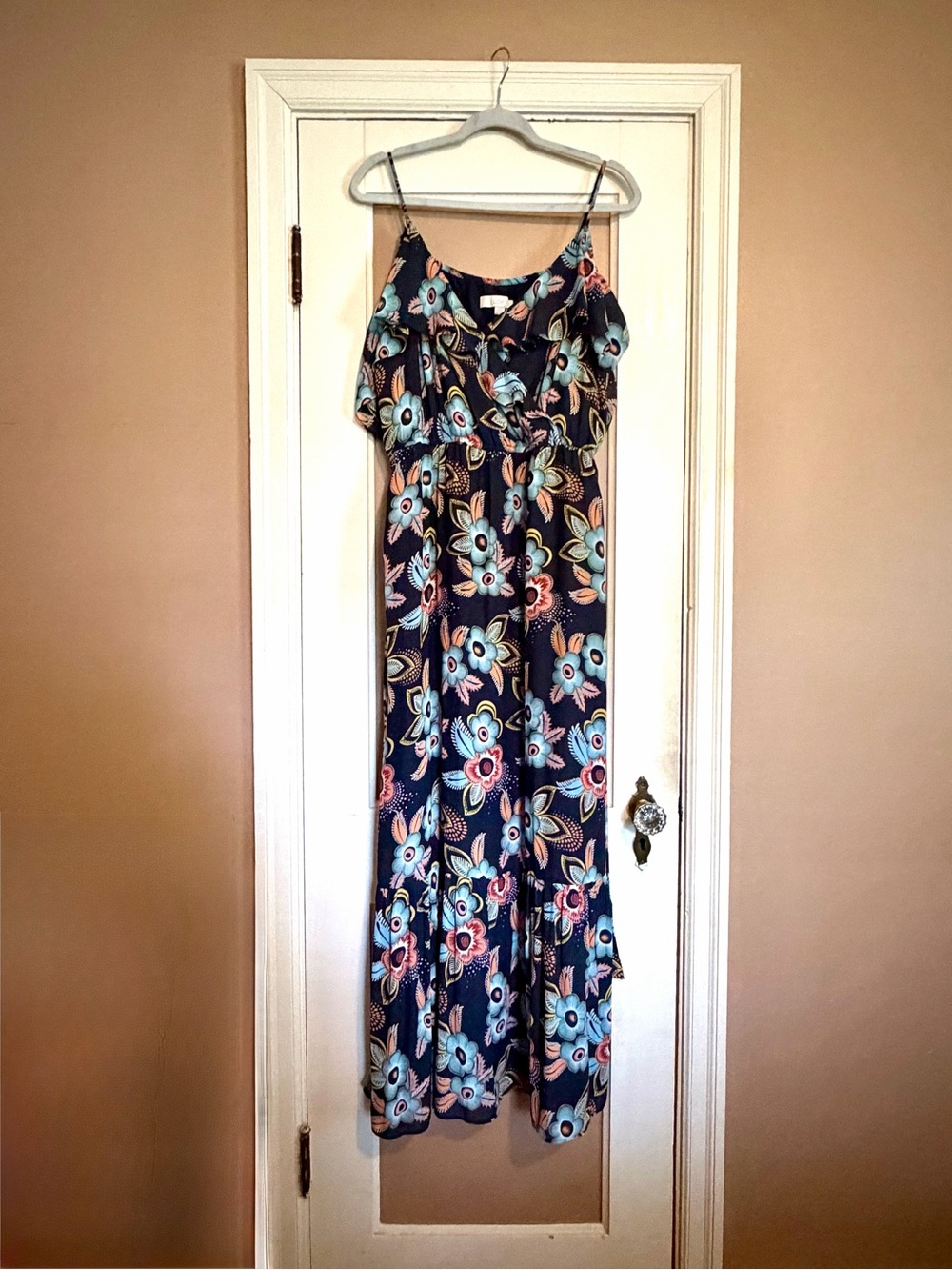 LOFT Navy Floral Ruffle Maxi Dress
